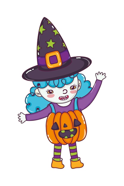 Happy girl with pumpkin costume and witch hat