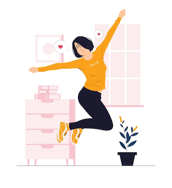 Happy girl, a woman jumping with joy concept illustrations