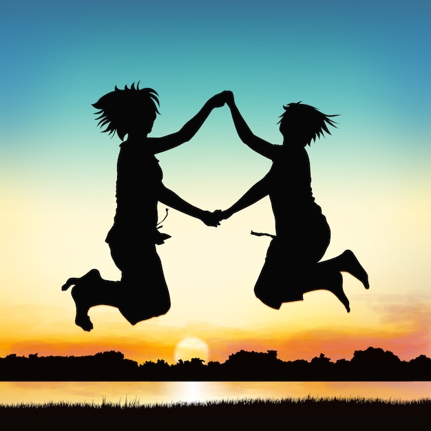 Happy girls are jumping, on silhouette art.