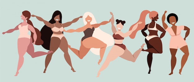 Happy girls. Body positive. Love your body. Different ethnicity and skin colour women characters. Ladies smiling and dancing. Variety of poses and gestures. Trendy  illustration for web, app.