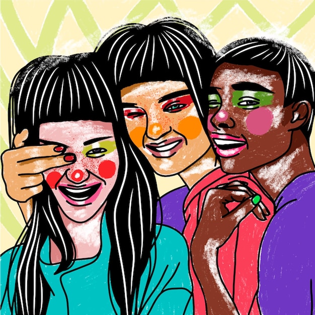 Happy girls of different nationalities on a bright background in bright clothes pop art