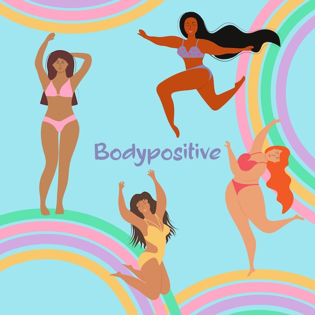 Happy girls in swimsuits of different nationalities and rainbows Body positive mental health