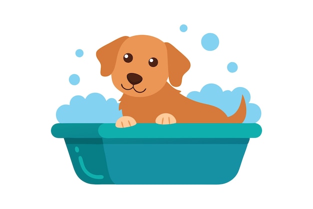 Vector happy golden retriever enjoying a warm bath