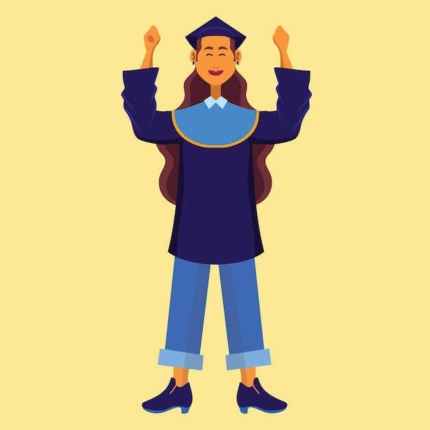 Vector happy graduated students wearing academic dress, gown or robe and graduation cap and holding diploma