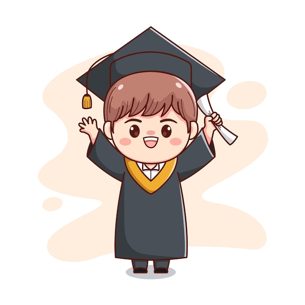 Happy graduation boy with cap and gown cute kawaii chibi cartoon