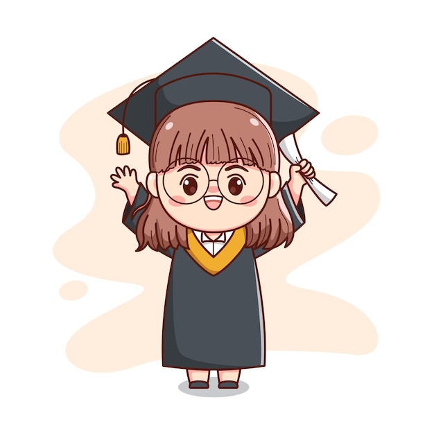 Happy graduation cute girl wearing glasses with cap and gown cute kawaii chibi cartoon