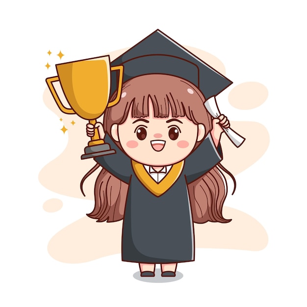 Happy graduation girl holding trophy and paper cute kawaii chibi cartoon