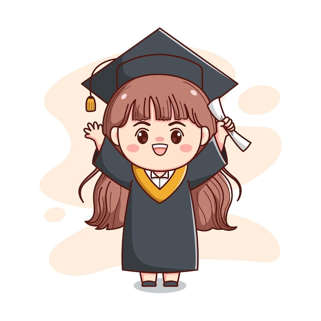 Happy graduation girl with cap and gown cute kawaii chibi cartoon