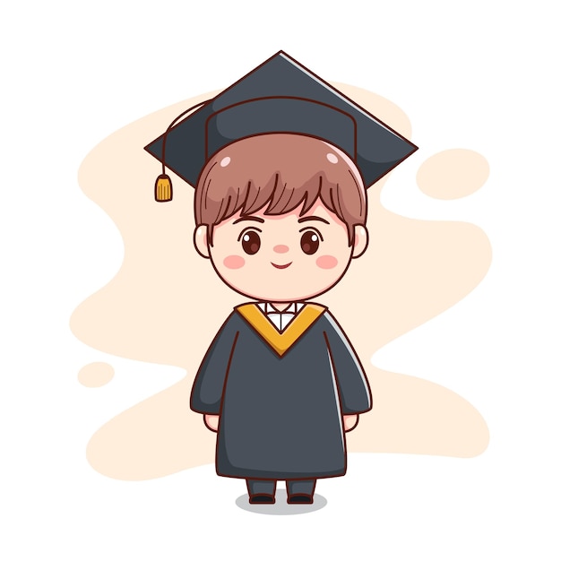 happy graduation handsome boy with cap and gown cute kawaii chibi cartoon character illustration