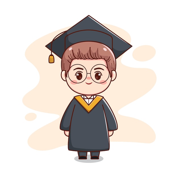 happy graduation handsome boy with cap, gown and glasses cute kawaii chibi cartoon character