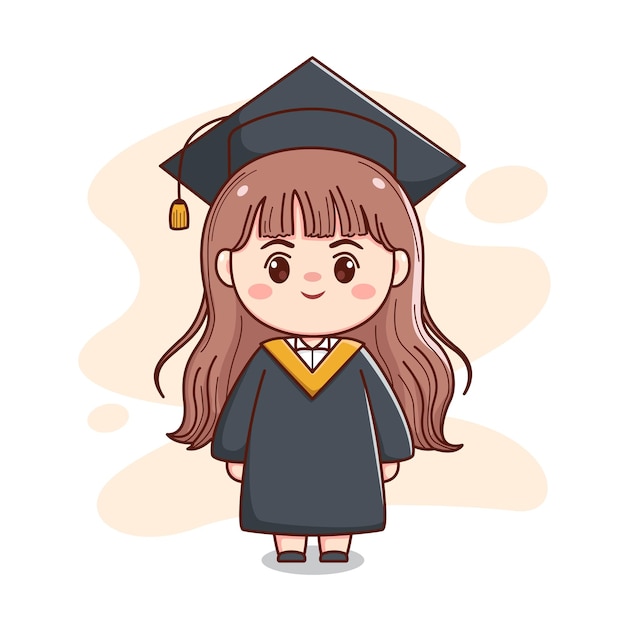 happy graduation long hair girl with cap and gown cute kawaii chibi cartoon character illustration