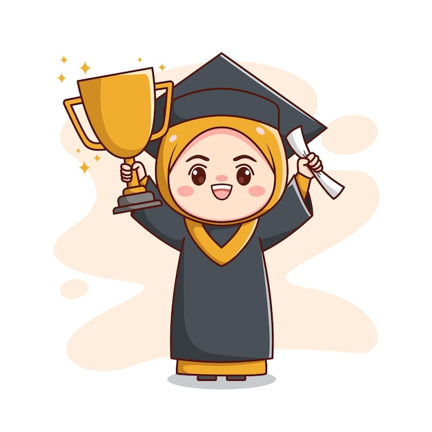 Happy graduation muslim hijab girl holding trophy and paper cute kawaii chibi cartoon