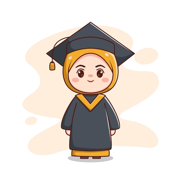 happy graduation muslim hijab girl with cap and gown cute kawaii chibi cartoon character