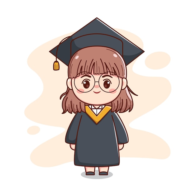 happy graduation short hair girl with cap, gown and glasses cute kawaii chibi cartoon character