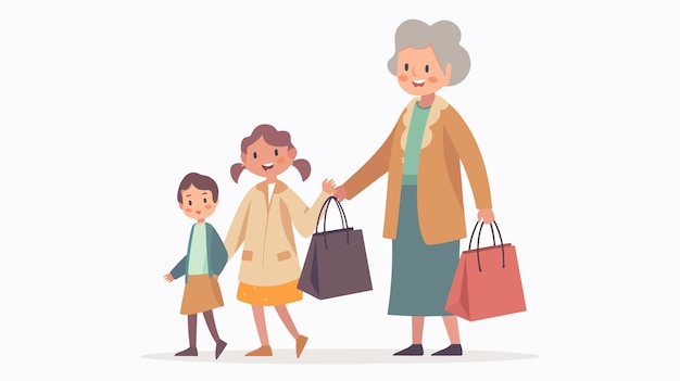 Vector happy grandmother and granddaughter shopping together