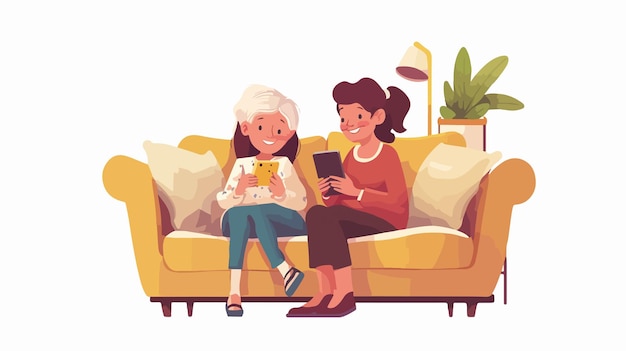 Vector happy grandmother and granddaughter using smartphone together