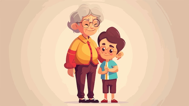 Vector happy grandmother and grandson standing together smiling