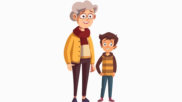 Vector happy grandmother and grandson standing together smiling