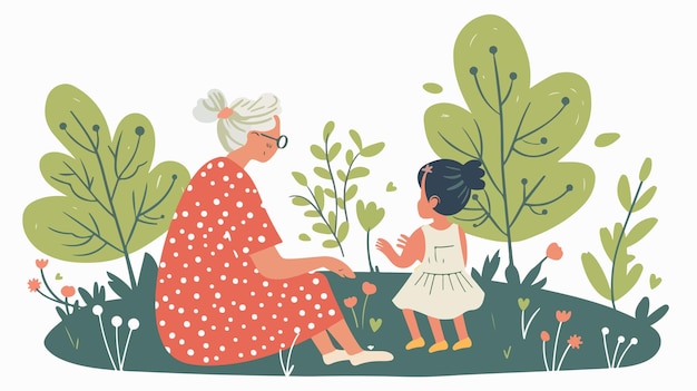 Vector happy grandmother spending time with little granddaughter in green summer field