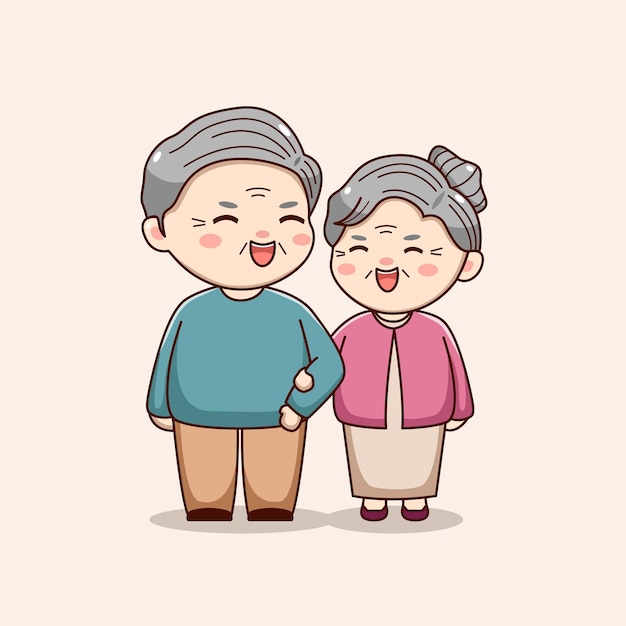 Happy grandparent laughing and walking together kawaii chibi character design valentines day couple