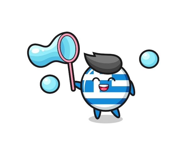 Happy greece flag cartoon playing soap bubble , cute style design for t shirt, sticker, logo element