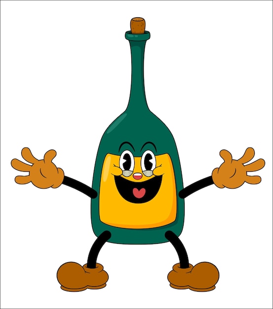 Happy green champagne bottle in comic cartoon style