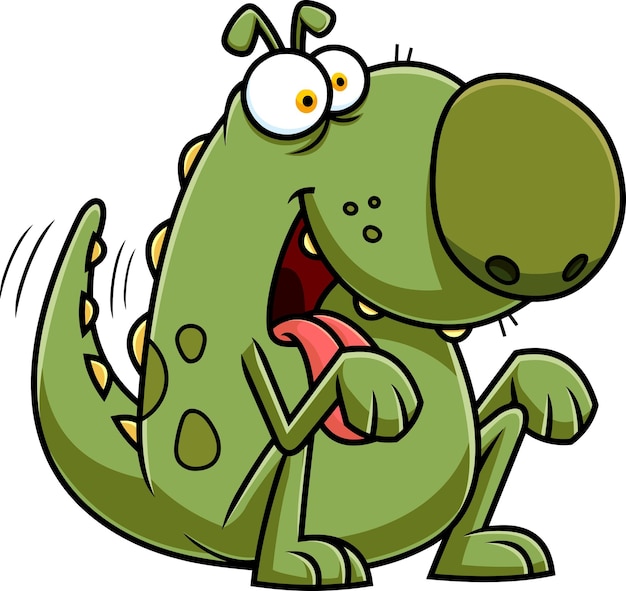 Happy Green Dino Dog Cartoon Character Begging Vector Hand Drawn Illustration