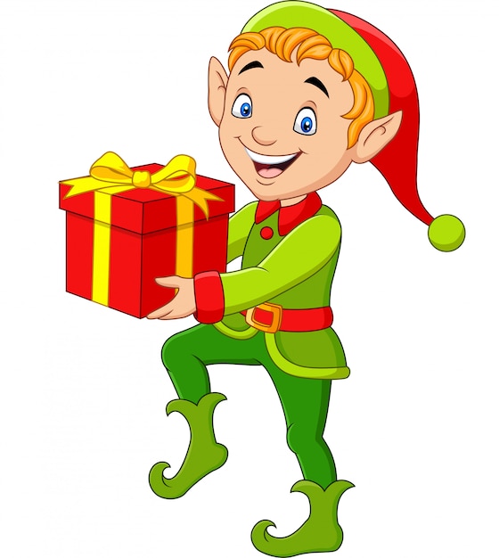 Happy green elf boy holding gifts