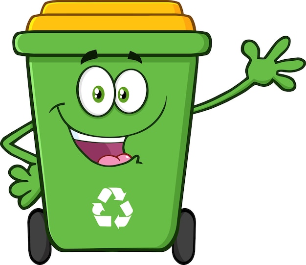 Happy Green Recycle Bin Cartoon Mascot Character Waving For Greeting