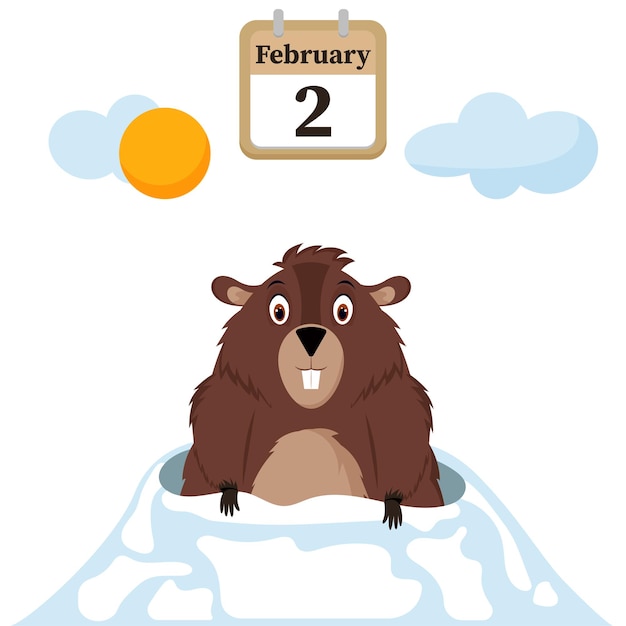 Happy Groundhog Day. Design with a cute groundhog character that pops out of a hole. Vector illustration.