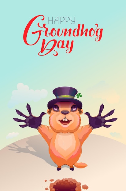 Happy groundhog day greeting card template Cute groundhog welcome spring text ornate lettering