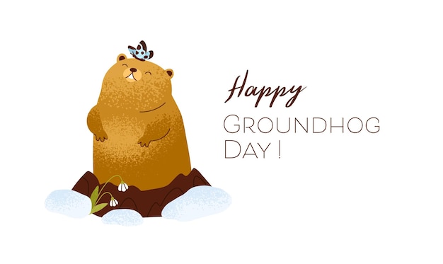 Happy Groundhog Day inscription on card with cute brown marmot waking up and coming out from its hole in February to greet spring. Color flat textured vector illustration isolated on white background.