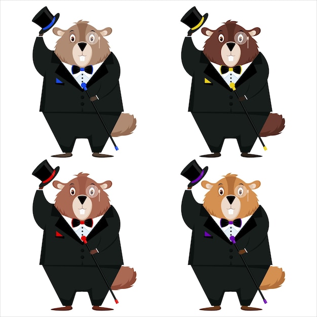 Happy Groundhog Day A set of four elegant marmots in a tuxedo top hat bow tie with a cane in their hands