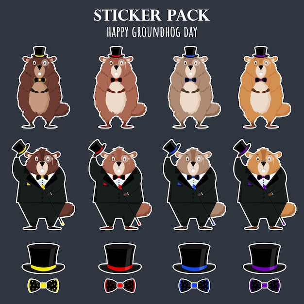 Happy Groundhog Day A set of funny groundhog stickers of different colors Vector illustration