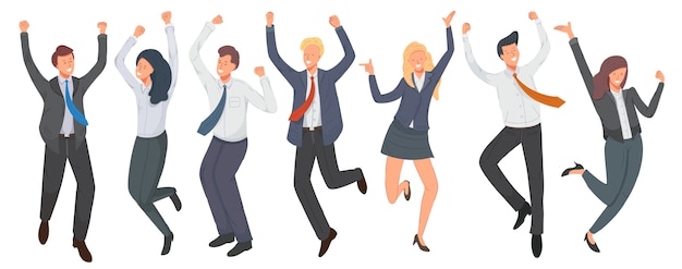 Happy group of office worker jumping . Cheerful employees celebrating victory.