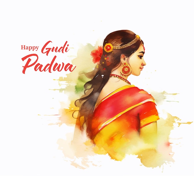 Happy Gudi Padwa greeting card Indian woman in traditional indian dress with flowers