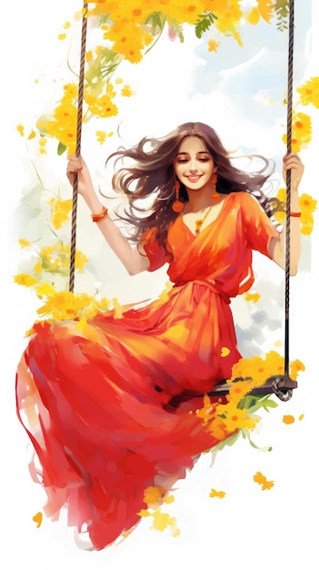 Happy Gudi Padwa greeting card Indian woman in traditional indian dress with flowers