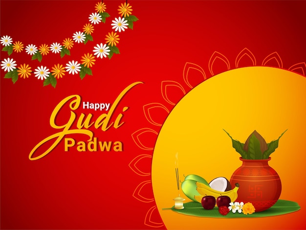 Happy gudi padwa greeting card with realistic kalash and sweets