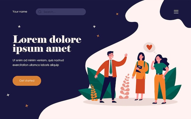 Happy guy flirting with pretty women. Love, greeting, boyfriend flat vector illustration. Relationship and communication concept for banner, website design or landing web page