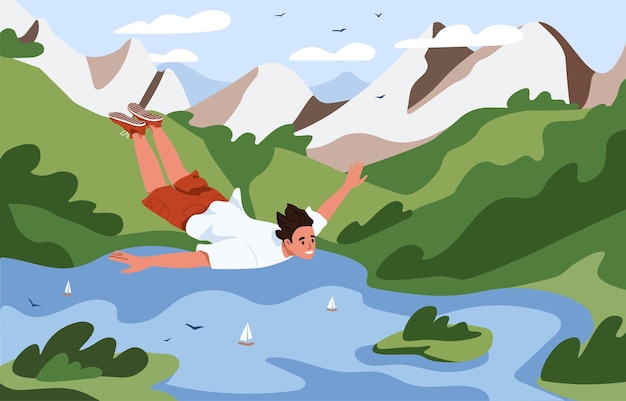 Happy guy goes land diving Young man in extreme free falling above mountain landscape water Brave character jumping flying in sky Person flies in air Freedom concept Flat vector illustration