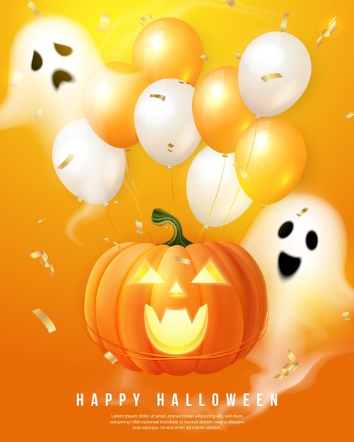 Happy halloween 3D realistic scary jack lantern and celebration ballon spirit ghost