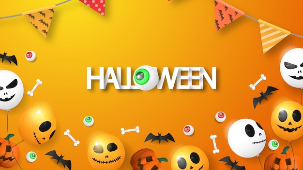 happy halloween background 3d   with balloon, eye, pumpkin, and bone