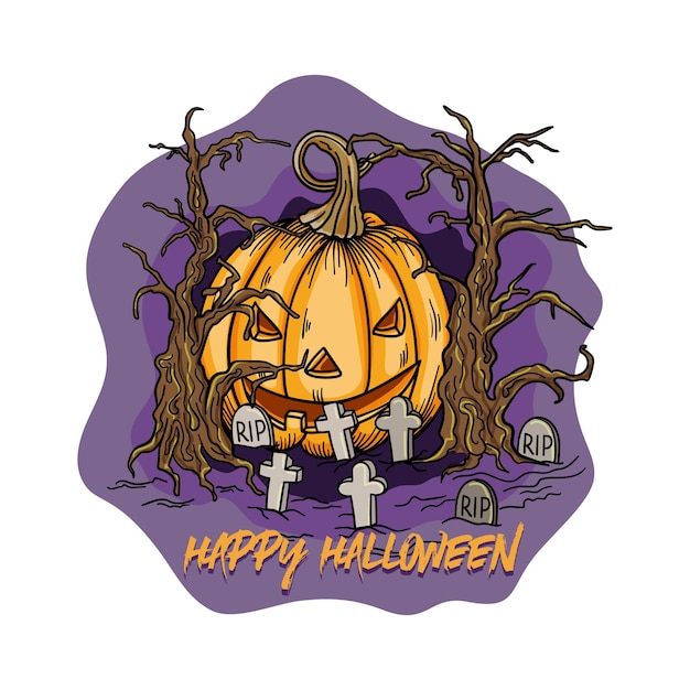 Happy Halloween background Pumpkin in the graveyard design for holiday vector illustration