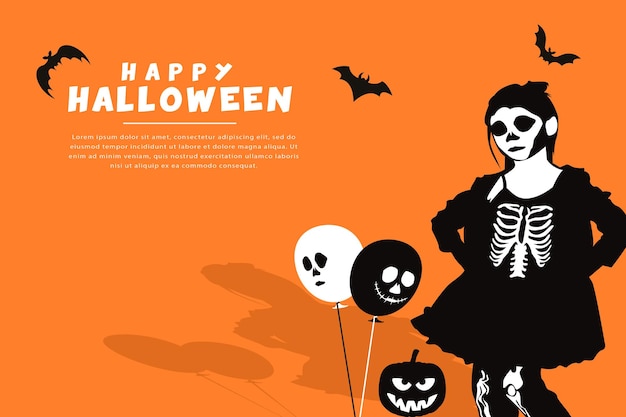 Happy Halloween background with cute girl wearing halloween fancy skeleton dress with batspumpkin