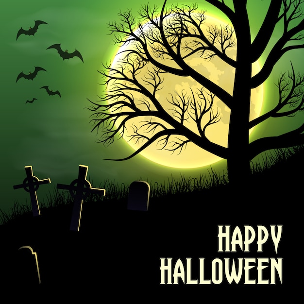 Happy Halloween background with graveyard, trees and moon