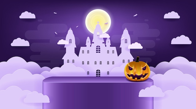 Happy Halloween background with night clouds and pumpkins in paper cut art and craft