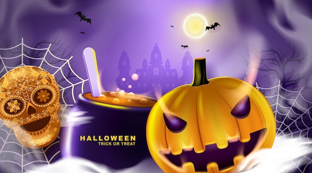 Happy Halloween background with night clouds and pumpkins