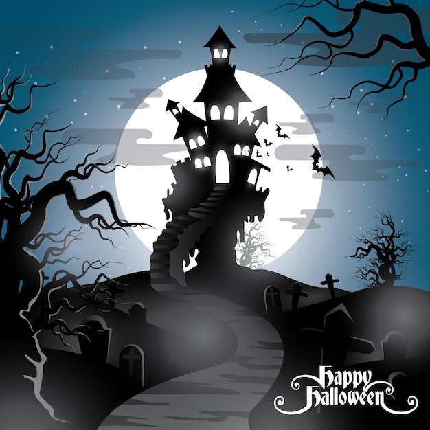 Happy Halloween background with pumpkin haunted house and full moon invitation template