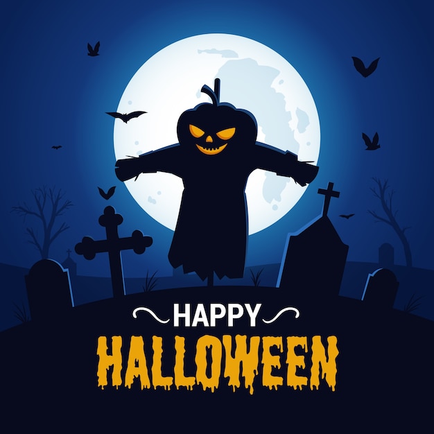 Happy halloween background with scary scarecrow silhouette