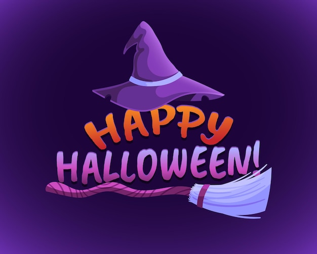 Happy Halloween banner Card with witch broom and wizard hat halloween event costume accessories vector illustration